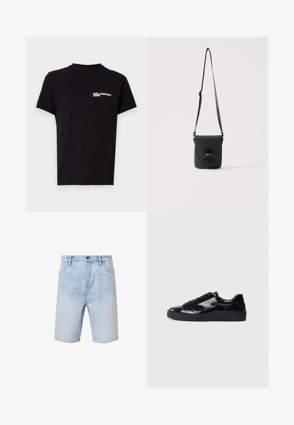 Schwarzes T-Shirt aus Baumwolle mit Rundhalsausschnitt und kurzen Ärmeln. Auffälliger weißer Logo-Text auf der linken Brustseite. Einfaches Design.; Helle Jeansshorts in Regular Fit, mit Fünf-Taschen-Design und Knopfverschluss. Mit dezenten Ausbleichungen und genähter Saumverarbeitung.; Schwarze Lackledersneaker mit runder Zehenform, Schnürdesign, strukturiertem Gummisohle und glatter Oberfläche.; Schwarze Leder-Umhängetasche mit verstellbarem Riemen, Klappverschluss und kleiner Metall-Logo-Plakette vorne.