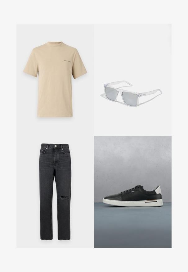 Beige katoenen t-shirt met een ronde halslijn en korte mouwen. Beschikt over een subtiele zwarte "SAMSOE" tekstlogo op de borst.; Zwarte denim jeans met een rechte pijp, voorzien van een gescheurde knie, vijf zakken en metalen hardware bij de taille en zakken.; Zwarte leren sneaker met witte zool, voorzien van perforaties, vetersluiting, logo aan de zijkant en contrasterend hieldetail in wit en bruin.; HUGO Zonnebril - crystal