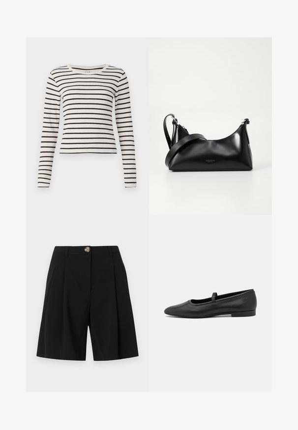 T-shirt à rayures longues en crème et noir. Présente un col rond, une texture côtelée et un design ajusté avec des rayures horizontales.; Shorts noirs cintrés longueur genou avec plis sur le devant, passants pour ceinture et une fermeture par un bouton marron unique à la taille.; Ballerines noires en cuir lisse, avec un bout rond, une petite sangle sur le dessus et un design minimaliste.; Sac à main en cuir noir avec une texture lisse. Dispose d'une bandoulière adjustable et d'un design élégant et minimaliste avec une fermeture éclair.