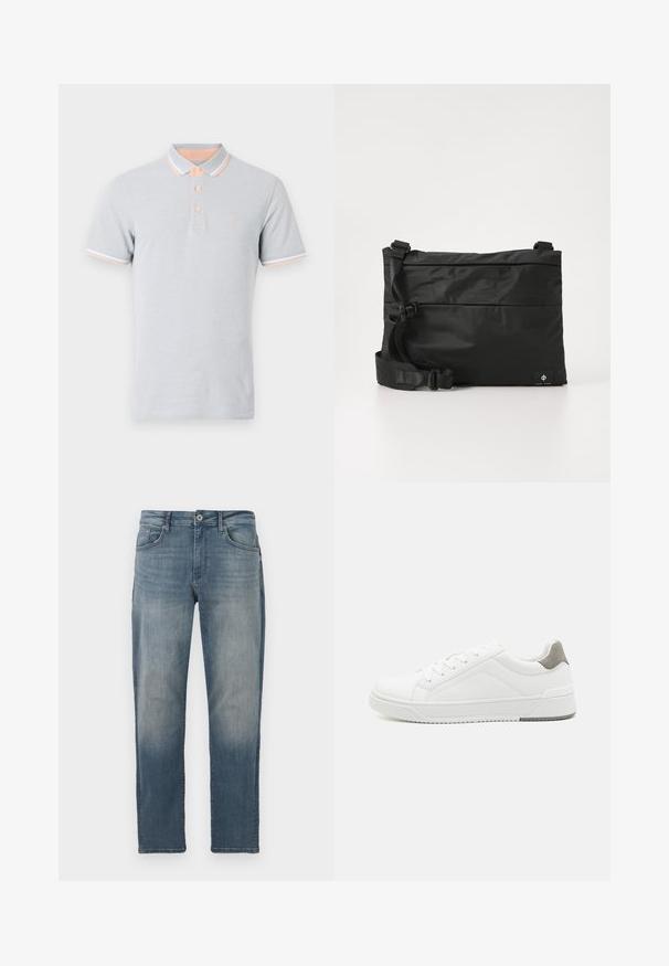 Polo de color gris claro, de manga corta, con cuello y puños en color durazno con acentos blancos, tres botones, logo bordado en el pecho.; Vaqueros de mezclilla azul claro con corte recto, diseño de cinco bolsillos, cierre de botón metálico y un ligero desvanecimiento en la parte delantera.; Zapatilla blanca con material de cuero liso, punta redonda, diseño minimalista, acento gris en el talón y suela de goma texturizada.; Bolso mensajero de nylon negro con correa ajustable, diseño plano y una etiqueta lateral con un logo. Textura suave y estilo minimalista.