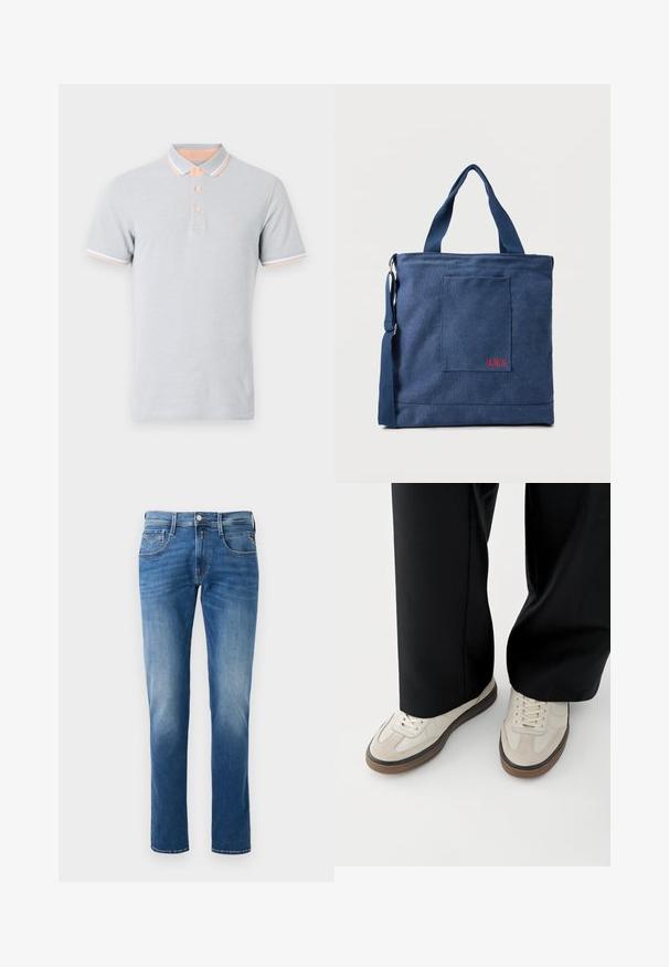 Polo de color gris claro, de manga corta, con cuello y puños en color durazno con acentos blancos, tres botones, logo bordado en el pecho.; Jeans de denim azul para hombres con un lavado desgastado, diseño de pierna recta, cinco bolsillos y cierre de botón delantero. Detalles de costura en los bolsillos.; Pies con zapatillas beige con suelas marrones y pantalones negros de pierna ancha sobre un fondo blanco.; Bolso tote de lona azul con bolsillo frontal y bordado rojo "O.N.S", con asas dobles y una correa ajustable para el hombro.
