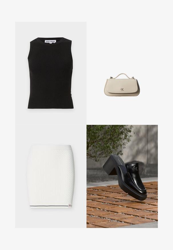 Débardeur noir côtelé avec un col rond, présentant une coupe ajustée et une texture subtile. Les côtes s'étendent sur tout le tissu.; Jupe en maille blanche présentant un motif torsadé texturé, une taille élastique, et une bande marine le long de l'ourlet inférieur avec un petit détail de logo de la marque.; Mule slip-on en cuir noir Calvin Klein avec talon bloc reposant sur des carreaux en bois à l'extérieur près d'une plante verte et d'un mur gris.; Petit sac à main en cuir beige avec poignée supérieure et logo CK argenté sur le rabat avant, présenté sur fond blanc.