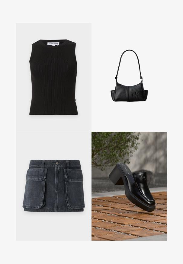 Schwarzes, geripptes Tanktop mit Rundhalsausschnitt, das eine figurbetonte Passform und subtile Textur aufweist. Die Rippung zieht sich über den gesamten Stoff.; Schwarzer Denimrock mit schmaler Taille, Knopfverschluss, zwei großen Fronttaschen und kontrastierenden Nähte.; Schwarze Leder-Slip-on-Mule von Calvin Klein mit Blockabsatz, die auf Holzfliesen im Freien nahe einer grünen Pflanze und einer grauen Wand ruht.; Schwarze Leder-Schultertasche mit langem Träger, Seitentaschen und eingeprägtem Calvin Klein-Logo auf der Vorderseite.