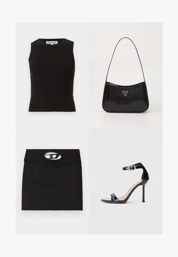 Sort ribbet tanktop med rund halsudskæring, der har en tætsiddende pasform og subtil tekstur. Ribben strækker sig gennem hele stoffet.; Sort miniskirt med en flad talje. Har en fremtrædende metallisk logo-buckle foran. Lavet af glat stof uden synlige mønstre.; Sort højhælet sandal i laklæder med ankelrem. Har minimalistisk design, åben tå og spænde med rhinsten-detaljer.; Sort patenteret læder skuldertaske med en buet form, prydet med et sølvfarvet trekantet logo og en lynlås-lukning. Glat tekstur og slank rem.