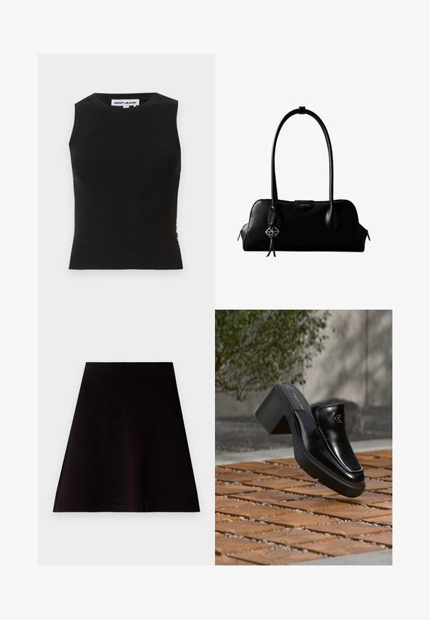 Débardeur noir côtelé avec un col rond, présentant une coupe ajustée et une texture subtile. Les côtes s'étendent sur tout le tissu.; Jupe mini noire en forme de A, fabriquée dans un tissu lisse avec un design épuré et simple. Elle présente un ourlet droit sans motifs ou embellissements visibles.; Mule slip-on en cuir noir Calvin Klein avec talon bloc reposant sur des carreaux en bois à l'extérieur près d'une plante verte et d'un mur gris.; Sac à main en cuir noir Calvin Klein avec de longues anses, une étiquette logo à l'avant et un charme géométrique argenté suspendu à une anse.