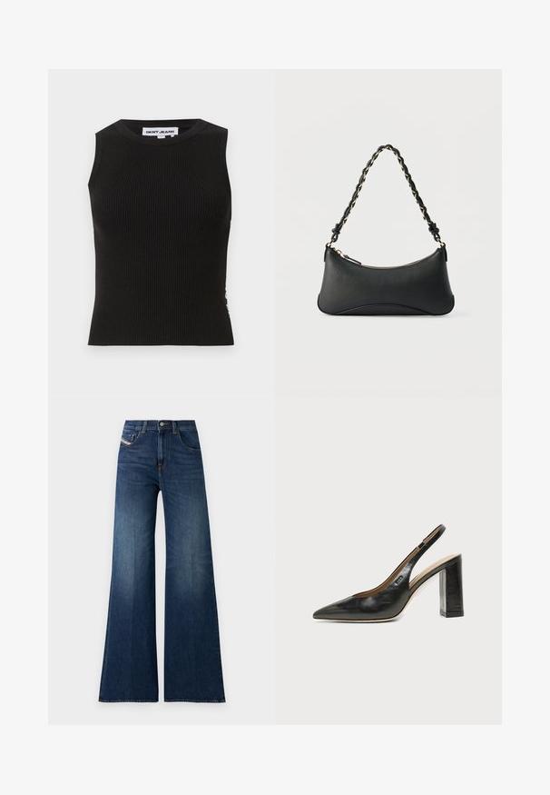 Schwarzes, geripptes Tanktop mit Rundhalsausschnitt, das eine figurbetonte Passform und subtile Textur aufweist. Die Rippung zieht sich über den gesamten Stoff.; Hoch taillierte, dunkelblaue weite Jeans mit Front- und Münztaschen, Knopfverschluss und dezenten Waschungseffekten an den Oberschenkeln.; Schwarzer Leder-Slingback-Schuh mit spitzer Kappe, hohem Blockabsatz und beigegefüttertem Innenraum vor hellem, einfarbigem Hintergrund.; Schwarze Lederschultertasche mit gewölbter rechteckiger Form, goldener Kette, die in den geflochtenen schwarzen Riemen eingewebt ist, und Reißverschlussverschluss oben.
