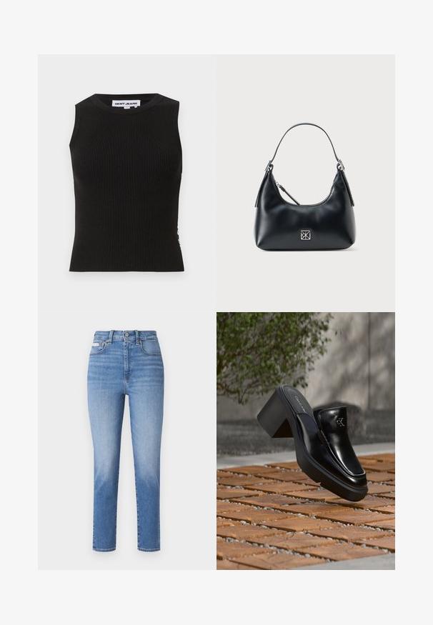 Débardeur noir côtelé avec un col rond, présentant une coupe ajustée et une texture subtile. Les côtes s'étendent sur tout le tissu.; Jeans en denim bleu clair avec une taille haute, des jambes droites et des décolorations subtiles. Comprend des passants de ceinture, cinq poches et une fermeture à bouton métallique.; Mule slip-on en cuir noir Calvin Klein avec talon bloc reposant sur des carreaux en bois à l'extérieur près d'une plante verte et d'un mur gris.; Sac à épaule en cuir noir avec une seule poignée, fermeture éclair et un petit logo carré en argent à l'avant.