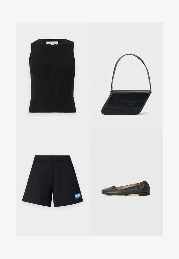 Débardeur noir côtelé avec un col rond, présentant une coupe ajustée et une texture subtile. Les côtes s'étendent sur tout le tissu.; Shorts noirs à coupe décontractée, avec une taille élastique et un logo "HUGO" bleu sur la cuisse gauche ; fabriqués à partir d'un matériau doux et respirant.; Ballerines en cuir noir avec un bout arrondi et des coutures minimales. Talon bas et rectangulaire avec une texture lisse. Détails subtils de doublure intérieure.; Sac d'épaule en cuir noir de forme triangulaire, avec un logo embossé et une seule bandoulière réglable. Design minimaliste avec une texture lisse.
