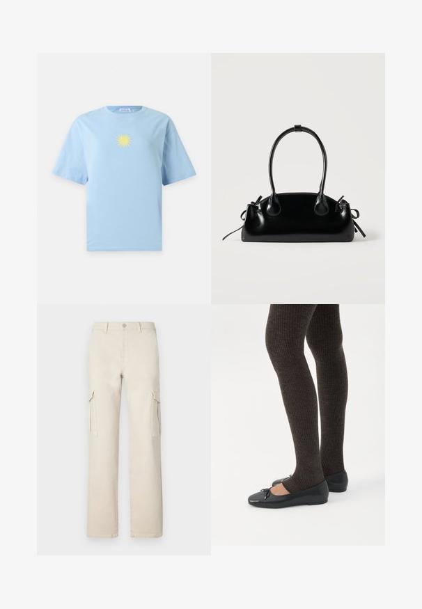 T-shirt bleu clair à manches courtes avec un petit motif de soleil jaune centré sur la poitrine sur un fond uni.; Pantalons cargo larges beiges en coton, avec deux poches latérales et une fermeture à boutons. Présente un design épuré et une silhouette droite.; Jambes portant des leggings côtelés foncés associés à des ballerines noires avec de petits détails en nœud sur fond blanc.; Petit sac à main noir brillant avec deux longues anses et des détails à cordon sur les côtés sur un fond clair uni.