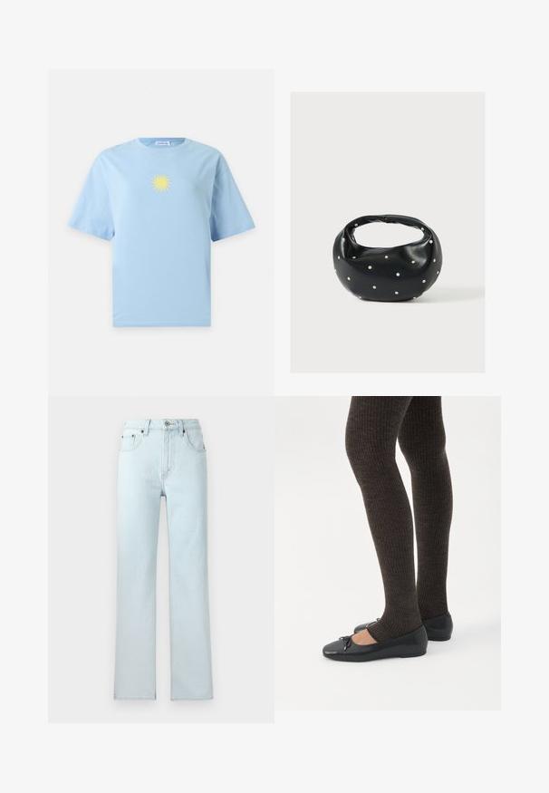 T-shirt bleu clair à manches courtes avec un petit motif de soleil jaune centré sur la poitrine sur un fond uni.; Jean en denim bleu clair avec une coupe droite, comportant cinq poches, des passants de ceinture et une fermeture à bouton à la taille.; Jambes portant des leggings côtelés foncés associés à des ballerines noires avec de petits détails en nœud sur fond blanc.; Sac à main en cuir noir de forme arrondie, décoré de clous argentés et équipé d'une poignée courte. Texture lisse et fermeture éclair.