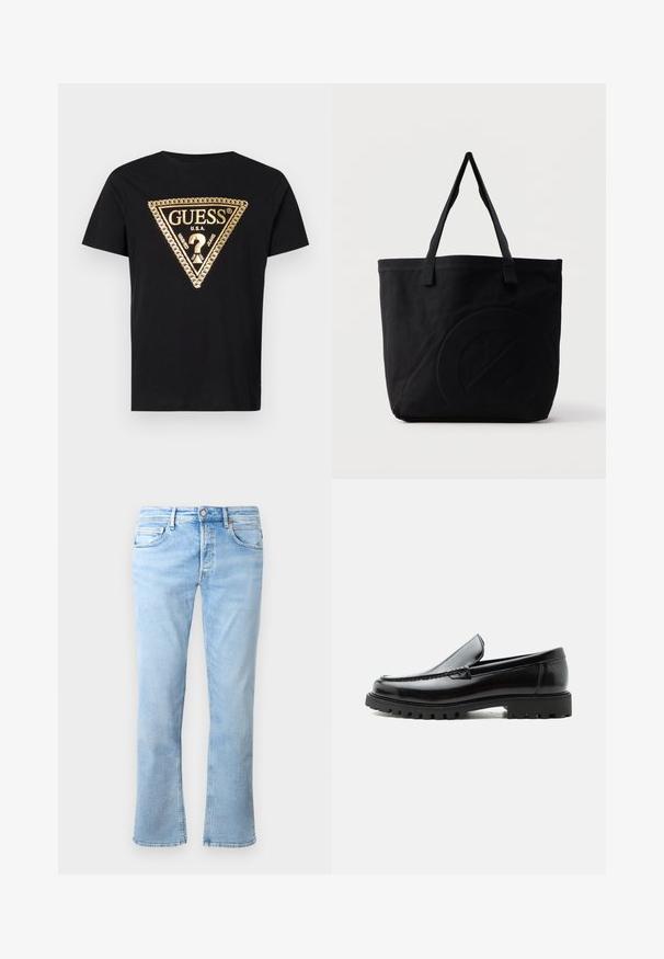 Guess CHAIN - T-shirt print - jet black; Lichtblauwe jeans van denim hebben een recht model, vijf zakken en een knoopsluiting. De stof heeft een zachte textuur met vervaagde accenten.; Zwarte leren loafer met dikke rubberen zool, gestikte bovenkant en gegraveerde merknaam op de hiel, zijaanzicht op witte achtergrond.; Zwarte canvas tas met twee schouderbanden en een subtiel, ingebosseleerd cirkelvormig ontwerp aan de voorkant.