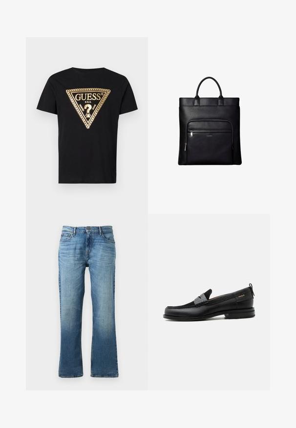 Guess CHAIN - T-Shirt print - jet black; Helleblaue Jeans aus Denim mit geradem Bein, ausgestattet mit einer verwaschenen Optik, fünf Taschen und einem Knopfverschluss mit Metallbeschlägen.; Schwarzer Lederloafer mit grauem Riemendetail, niedrigem Absatz und strukturierter Sohle, seitlich mit „HUGO“ in Gold gebrandmarkt.; Schwarze Ledertasche „Tote“ mit oberen Griffen und vorderer Reißverschlusstasche mit kleinem Calvin Klein-Logo auf der Tasche.
