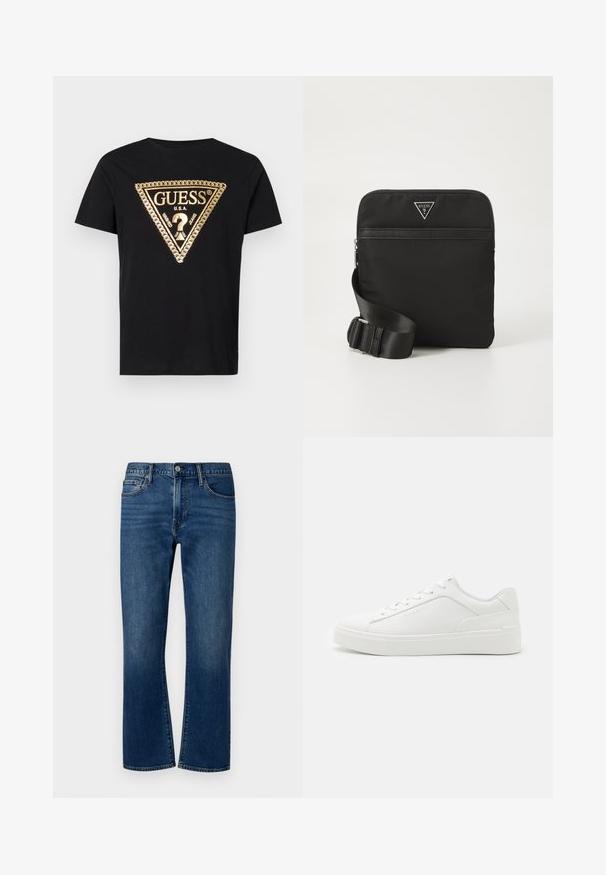 Guess CHAIN - T-Shirt print - jet black; Dunkelblaue Denim-Jeans im geraden Schnitt, mit mittelhohem Bund, fünf Taschen-Design und subtiler ausgewaschener Textur an der Vorderseite.; Weiße Low-Top-Sneaker aus glattem Leder mit runder Schuhspitze, flachen Sohlen und dezentem Branding an der Seite.; Schwarze Nylon-Crossbody-Tasche mit verstellbarem Trageriemen, Reißverschluss, Fronttasche und Logoemblem in Silberoptik. Flache rechteckige Form, glatte Textur.