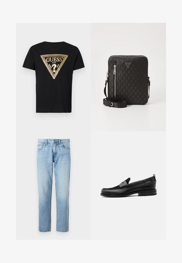 Guess CHAIN - T-shirt print - jet black; Lichtblauwe denim jeans met een rechte pijp, vijf zakken, vervaagde textuur en een klassieke knoop- en ritsluiting.; Zwarte leren loafer met grijs riemdetailelement, lage hak en gestructureerde zool, aan de zijkant gebrandmerkt met "HUGO" in goud.; Zwarte schoudertas met geometrisch reliëfpatroon, zilveren details, ritssluiting, verstelbare schouderband en kenmerkende logodetail.