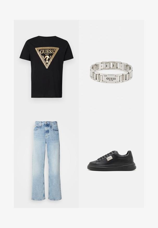 Guess CHAIN - T-Shirt print - jet black; Helle blaue weite Jeans mit hoher Taille, in verwaschenem Finish, mit Gürtelschlaufen und klassischem Fünf-Taschen-Design. Der Saum ist ungesäumt.; Schwarzer Ledersneaker mit abgerundetem Zehenbereich, flacher Sohle und Schnürdesign. Verfügt über eine metallicfarbene Logo-Plakette an der Seite und eine glatte Textur.; Guess FLAT CHAIN UNISEX - Armband - silver-coloured