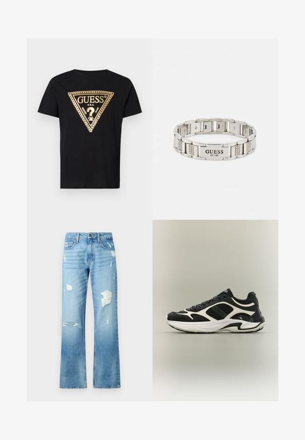 Guess CHAIN - Tričko s potlačou - jet black; Svetlo modré denimové nohavice so striženým strihom, ktoré obsahujú roztrhnuté detaily a vybledlý povrch. Obsahuje metalický gombík a päť vreciek.; Čierno-biela nízka teniska s hrubou bielou podrážkou a detailným panelovaním, zobrazená z boku na svetlosivom pozadí.; Guess FLAT CHAIN UNISEX - Náramok - silver-coloured
