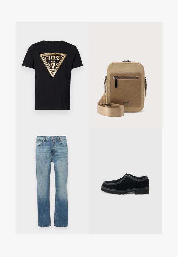 Guess CHAIN - Tričko s potlačou - jet black; Svetlomodré rifle z denimu s rovnými nohavicami, vyblednutými detailmi, piatimi vreckami a predným zapínaním na gombík. Viditeľné švy pozdĺž spojov.; Čierna semišová šnurovacia obuv s hrubou gumovou podrážkou a zaoblenou špičkou, zobrazená z boku na svetlosivom pozadí.; Malá béžová kabelka cez rameno s predným vreckom na zips, kovovým logom ALDO, nastaviteľným širokým popruhom a zaobleným obdĺžnikovým tvarom na bielom pozadí.