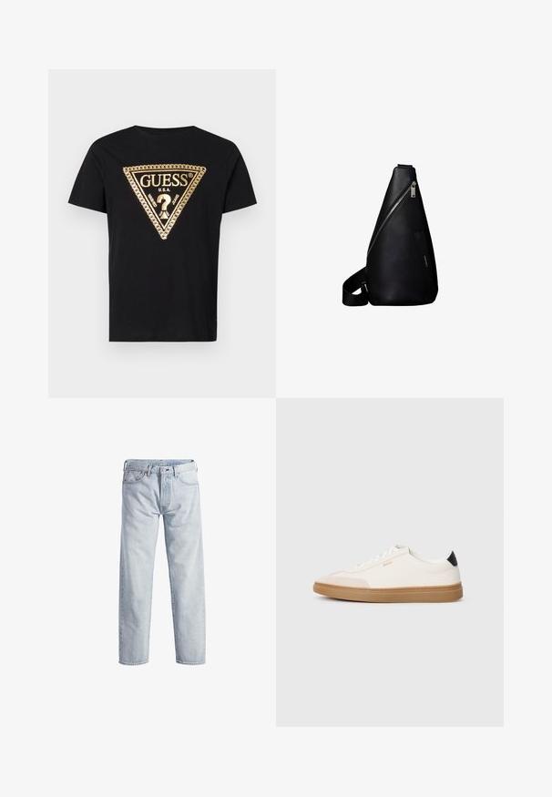 Guess CHAIN - T-shirt print - jet black; Lichtblauwe denim jeans met een rechtstaand ontwerp, knopenfly, vijf zakken en een subtiele vervaagde textuur. Voorzien van metalen hardware accenten.; Witte sneakers met beige accenten, bovenwerk van glad leer, ronde neus en rubberen gumzool, met een zwarte hieltab en subtiele branding.; Zwarte leren slingrugzak met diagonale zilveren rits en verstelbare band, minimalistisch ontwerp en gladde textuur.
