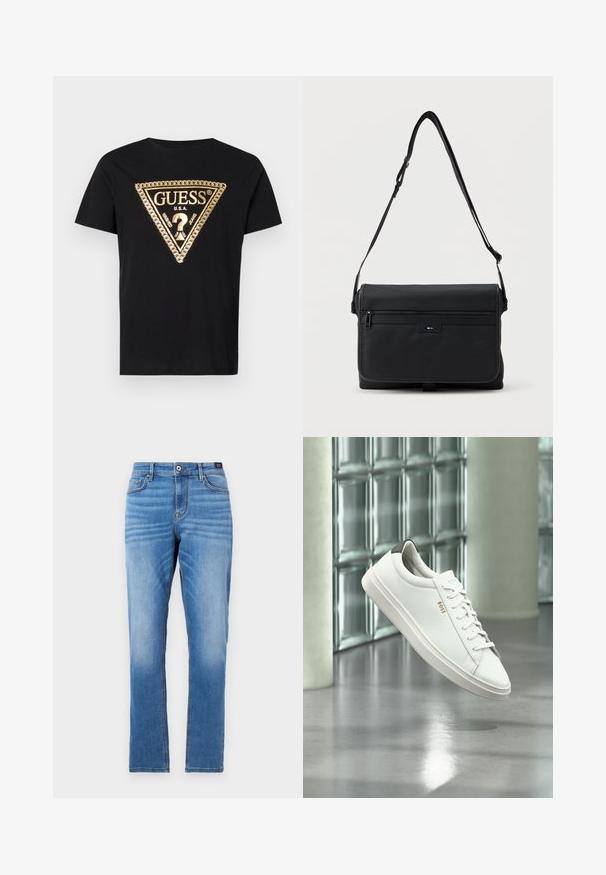 Guess CHAIN - T-shirts print - jet black; Lyseblå denim jeans med lige pasform, fem-lomme design, knaplukning foran og diskret falmning på lårene.; Hvid læder lav-top sneaker med snørebånd, sort hælflig og "BOSS"-logo, svævende indendørs nær glasblok væg og poleret gulv.; Sort rektangulær messenger-taske med justerbar skulderrem, lynlåslomme foran og lille præget "BOSS"-logo på klappen.