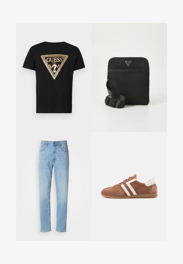Guess CHAIN - Tričko s potlačou - jet black; Svetlomodré džíny z denimu so strihom rovného strihu, piatimi vreckami a pútkami na opasok. Textil má hladkú štruktúru s jemným efektom vyblednutia.; Hnedá semišová teniska s bielymi koženými pruhmi a pätovou záložkou, béžová gumová podrážka a šnurovacie zapínanie, zobrazená z boku na bielom pozadí.; Čierna nylonová taška cez telo s nastaviteľným popruhom, zipsom, prednou kapsou a strieborným logom. Plochý obdĺžnikový tvar, hladká textúra.