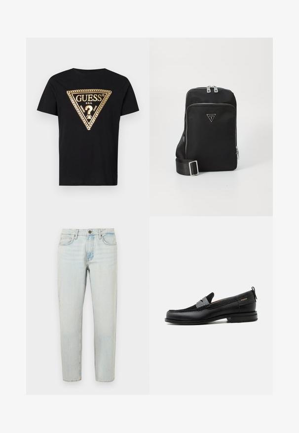 Guess CHAIN - T-shirts print - jet black; Lysblå denimjeans med lige ben, fem-lomme design og knaplukning. Stoffet har en falmet, let slidt overflade.; Sort læderloafer med grå remdetalje, lav hæl og tekstureret sål, mærket med "HUGO" i guld på siden.; Sort nylon crossover taske med sølv lynlåse, trekantet logo, justerbar rem og frontlomme med lynlås. kompakt rektangulær form.