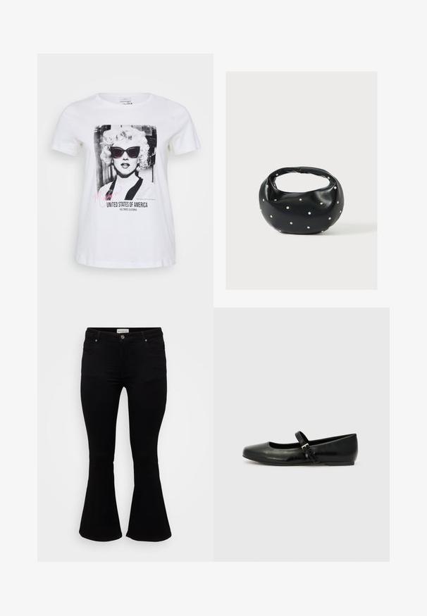 T-shirt en coton blanc avec un graphisme noir et blanc d'une femme portant des lunettes de soleil, avec le texte "Marilyn" et "États-Unis d'Amérique".; Jeans évasés noirs en denim doux, avec une taille cintrée, des poches avant et un ourlet évasé pour un ajustement décontracté.; Ballerines en cuir noir avec un bout arrondi, une semelle plate et une fine sangle ajustable sur le cou-de-pied avec une boucle en métal.; Sac à main en cuir noir de forme arrondie, décoré de clous argentés et équipé d'une poignée courte. Texture lisse et fermeture éclair.