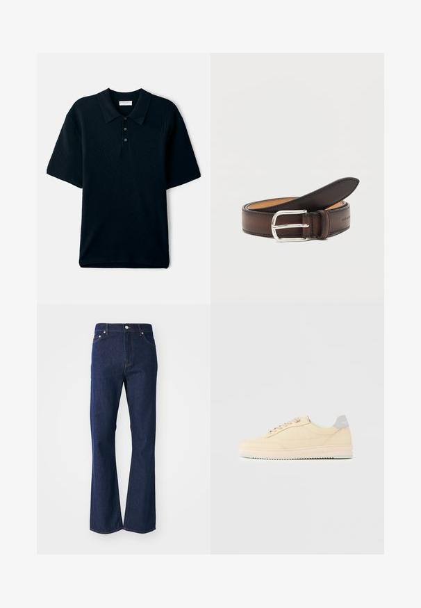 Marineblauwe polo met korte mouwen, voorzien van een gestructureerd ribpatroon, een kraag en een drieknoopsluiting.; Flared donkerblauwe jeans gemaakt van denim. Beschikt over vijf zakken, een ritssluiting aan de voorkant en een metalen knoopsluiting. Klassieke stikselaccenten.; Beige lage sneaker met veters aan de voorkant, lichtroze zool en een grijze hieltab met het merk "Filling Pieces", zijaanzicht op een effen achtergrond.; Donkerbruine leren riem opgerold met zilveren rechthoekige gesp op een witte achtergrond.