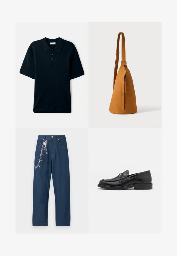 Marineblaue kurzärmlige Poloshirt mit strukturiertem, geripptem Design, einem Kragen und einer Drei-Knopf-Leiste.; Dunkelblaue Canvas-Weitbein-Jeans mit einer Kette, an der auf der linken Seite Strasssteine befestigt sind, und sichtbaren orangen Nähten an den Taschen und dem Saum.; Schwarze Lederleter mit einer abgerundeten Zehenpartie, ausgestattet mit goldenen Hardwareakzenten und Stichdetails, auf einer niedrigen, strukturierten Gummisohle.; Hellbraune Leder-Umhängetasche mit verstellbarem Trageriemen und vertikaler Reißverschlusstasche, von der Seite vor hellem, einfarbigem Hintergrund gezeigt.