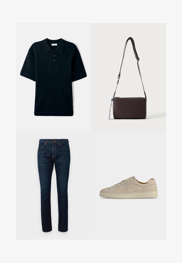 Marineblå kortærmet polo shirt med tekstureret ribbet design, krave og tre-knaps placket.; Mørkeblå denimjeans med et tætsiddende design, der har fem lommer og kontrasterende syninger. Stoffet har en glat overflade.; Beige ruskind lavtop sneaker med snørelukning og tyk gummisål, vist fra siden på en ensfarvet hvid baggrund.; Mørkebrun textured læder crossbody taske med justerbar rem og lille dekorativ blå accent på siden.