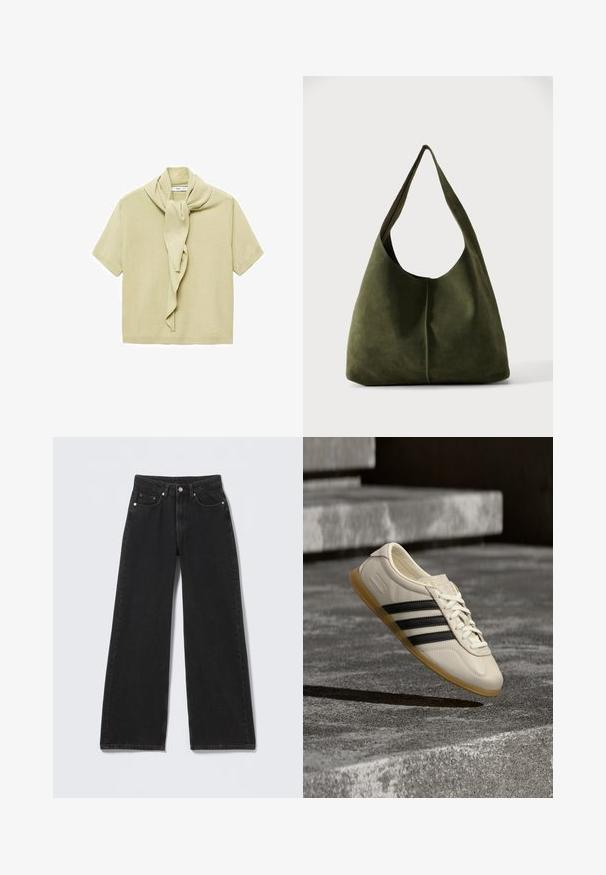 Lichtbeige korte mouwen gebreid top met een bevestigde sjaaldetail die rond de halslijn hangt.; Zwarte high-waist jeans met wijde pijpen, een knoop- en ritsluiting aan de voorzijde, riemlussen en vijf voorzakken op een lichte achtergrond.; Witte sneaker met zwarte strepen en rubberen zool zwevend boven betonnen trap in zacht daglicht.; Grote, nonchalante olijfgroene suède schoudertas met een brede schouderband en zachte, ongestructureerde vorm tegen een effen achtergrond.