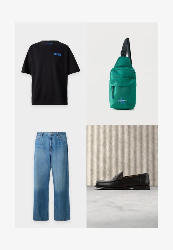 Zwarte katoenen t-shirt met een relaxte pasvorm, voorzien van een blauw "Hug" logo op de borst, ronde halslijn en korte mouwen. Eenvoudig ontwerp.; Lichtblauwe jeans met een wijde pijp van denim. Voorzien van een taille met normale hoogte, een ontwerp met vijf zakken en een vervaagde wassing met zichtbare stiksels.; Zwarte leren penny loafer met lage hak, afgeronde neus en gestikte details langs de voorkant en zijkanten, afgebeeld op een neutrale achtergrond.; Groene crossbodytas van Calvin Klein met voorvak met ritssluiting en verstelbare zwarte band tegen een effen lichte achtergrond.