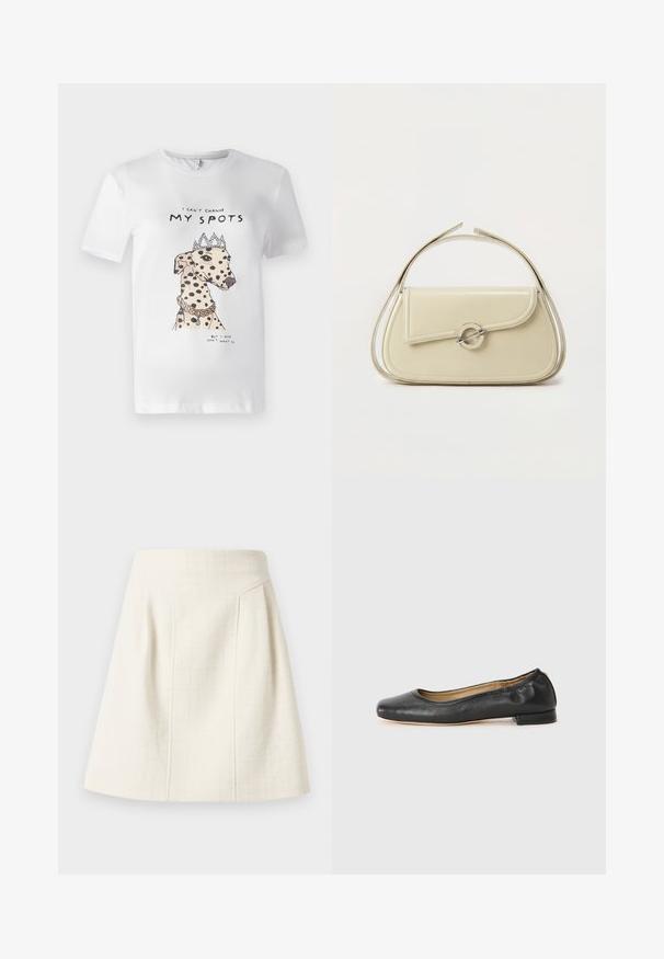 T-shirt en coton blanc avec une illustration imprimée d'un chien tacheté portant une couronne et un collier, avec le texte "Je ne peux pas changer MES TACHES."; Mini-jupe trapèze texturée blanc cassé avec taille haute et coutures verticales subtiles pour la mise en forme.; Ballerines en cuir noir avec un bout arrondi et des coutures minimales. Talon bas et rectangulaire avec une texture lisse. Détails subtils de doublure intérieure.; Sac à main en cuir crème avec rabat incurvé, fermoir circulaire en argent et poignée courte sur le dessus, sur fond blanc uni.