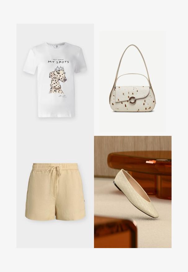 T-shirt en coton blanc avec une illustration imprimée d'un chien tacheté portant une couronne et un collier, avec le texte "Je ne peux pas changer MES TACHES."; Shorts en lin beige avec taille élastique et cordon de serrage à l'avant, avec poches latérales et coupe décontractée.; Chaussure plate beige avec des perforations géométriques flottant au-dessus d'un tapis clair dans une pièce avec des meubles de couleur ambre.; Sac à main couleur crème avec des taches marron, rabat incurvé avec une fermeture métallique circulaire, doté de deux fines anses, dont une plus longue pour porter à l'épaule.