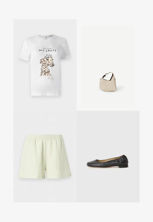 T-shirt en coton blanc avec une illustration imprimée d'un chien tacheté portant une couronne et un collier, avec le texte "Je ne peux pas changer MES TACHES."; Shorts à taille élastique beige clair, coupe ample et design uni, présentés sur fond blanc.; Ballerines en cuir noir avec un bout arrondi et des coutures minimales. Talon bas et rectangulaire avec une texture lisse. Détails subtils de doublure intérieure.; Sac à main en cuir beige en forme de croissant avec une seule bandoulière et des coutures minimalistes, posé sur un fond blanc uni.