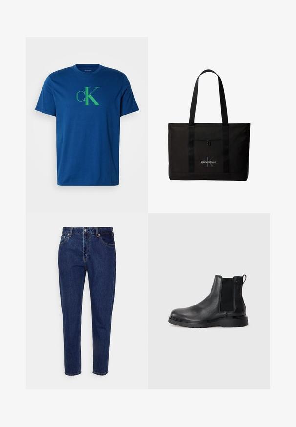 Blaues Baumwoll-T-Shirt mit grünem "cK"-Logo. Rundhalsausschnitt, kurze Ärmel, normale Passform mit glatter Textur und ohne sichtbare Muster.; Dunkelblaue Jeans mit geradem Bein, vorderer Knopf- und Reißverschluss, Gürtelschlaufen sowie Vorder- und Gesäßtaschen.; Schwarze Leder-Chelsea-Boots mit strukturiertem Finish, elastischen seitlichen Einsätzen und einer robusten Gummisohle. Dezentes Branding an der Ferse.; Schwarze Calvin Klein Tote-Tasche mit zwei langen Griffen und Fronttasche, mit dem Markenlogo in Weiß und Grau.