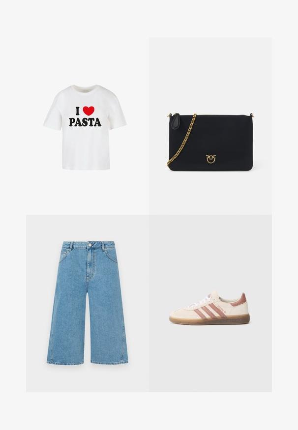 Hvid bomuld t-shirt med korte ærmer, med sort skrift der siger "JEG ELSKER" og et rødt hjerte over ordet "PASTA."; Mellemblå denim knælange shorts med knap- og lynlåslukning, bæltestropper og forlommer mod en ensfarvet baggrund.; Beige ruskindssneaker med pink detaljer, tre pink striber, hvide snørebånd og en gennemsigtig gummisål. "Spezial" branding på siden.; Sort, glat clutch-taske med en guld kædestrop og lynlåslukning. Har et fremtrædende guld logo på forsiden.