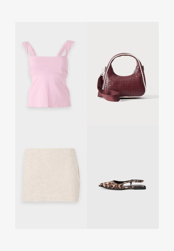 Pink ærmeløs top med firkantet udskæring. Har rynkede skulderstropper og en tætsiddende silhuet med en let udvidet kant.; Beige linnedyr med et minimalistisk design, der har en glat tekstur og en subtil vævning. Det har en lige, simpel skæring uden synlige lukninger.; Sandal med leopardprint i flad slingback-stil, spids tå, åben side og lille sort hæl. Materialet virker glat med en let glans.; Mørkerød vævet lædertaske med buet hank, hvid kant, sølv lynlås og aftagelig bred stofskulderrem mod en ensfarvet baggrund.
