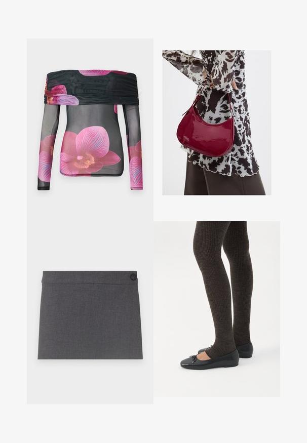Haut à manches longues dénudées, en tissu noir transparent avec un motif floral d'orchidées roses vives et un accent froncé au niveau du col.; Jupe en tissu gris présentant une texture douce, un design droit et un unique bouton noir à la taille, avec une esthétique épurée et simple.; Jambes portant des leggings côtelés foncés associés à des ballerines noires avec de petits détails en nœud sur fond blanc.; Femme portant un chemisier à motif noir et blanc tenant un sac à main rouge brillant sur un fond uni.