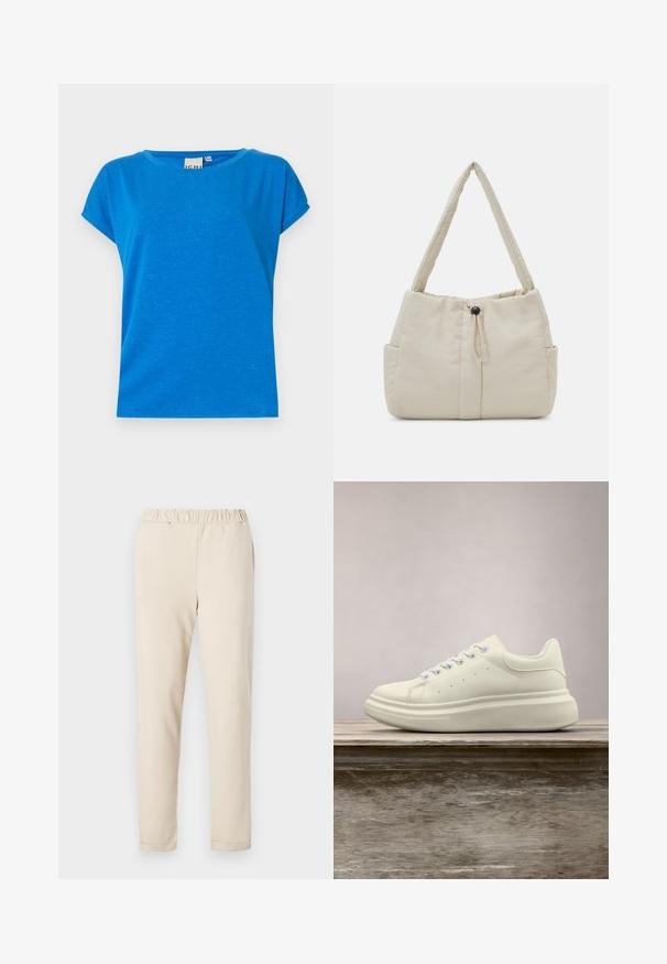 Camiseta corta de manga corta en azul, hecha de una tela suave con un corte holgado. Cuello redondo y una textura sutil con pequeñas motas de luz en todo su diseño.; Pantalones de algodón beige con cintura con frunce, diseño de pierna recta y sin patrones visibles, con una textura suave y dobladillo sencillo.; Zapatilla deportiva de cuero blanco con puntera redonda, textura lisa y cordones en contraste. Cuenta con orificios de ventilación y una suela de goma gruesa para mayor comodidad.; Even&Odd by Zalando Bolso de mano - off-white