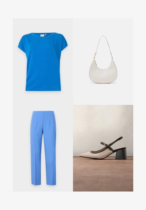 Camiseta corta de manga corta en azul, hecha de una tela suave con un corte holgado. Cuello redondo y una textura sutil con pequeñas motas de luz en todo su diseño.; Pantalones azules a medida, hechos de tela suave con pliegues laterales, que presentan un corte recto y una cinturilla limpia. Sin hardware visible ni patrones.; Zapato beige de tacón alto con tira trasera, puntera puntiaguda, ribete negro y detalle de hebilla. Material liso con acabado mate y tacón medio tipo bloque.; Bolso de hombro de cuero crema con forma de media luna, correa delgada y sutil detalle de costuras. Diseño minimalista con acentos de hardware en tono dorado.