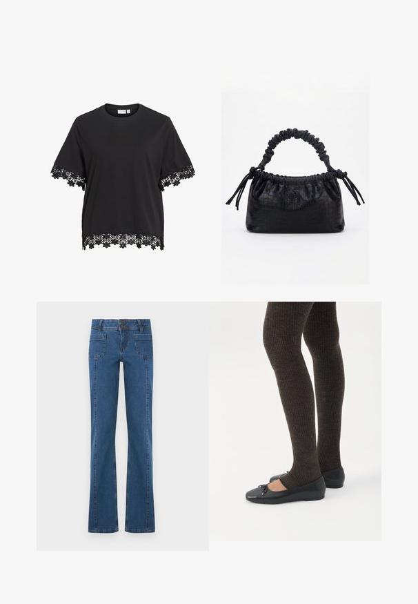Haut noir à manches courtes avec col rond présentant une bordure en dentelle florale aux manches et à l’ourlet.; Jean en denim bleu avec poches avant à patch, fermeture à double bouton, et jambes légèrement évasées, présenté à plat sur fond blanc.; Jambes portant des leggings côtelés foncés associés à des ballerines noires avec de petits détails en nœud sur fond blanc.; Sac à main noir avec texture crocodile, bord supérieur froncé, poignée plissée et pompons à cordon de chaque côté sur fond blanc.