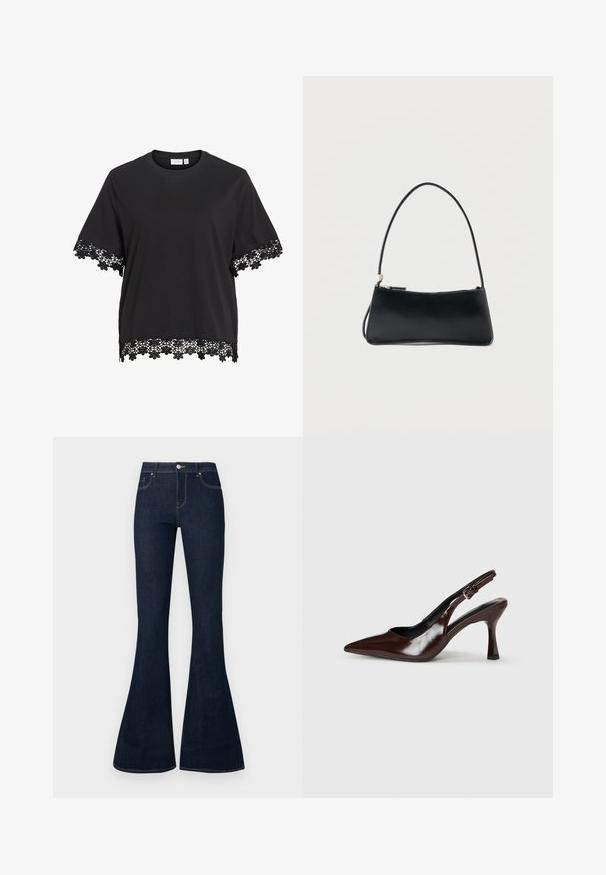 Haut noir à manches courtes avec col rond présentant une bordure en dentelle florale aux manches et à l’ourlet.; Jean en denim bleu foncé taille haute avec jambes évasées, bouton et zip à l'avant, et conception à cinq poches.; Talons slingback en cuir verni brun avec un bout pointu, un talon fin, et une sangle réglable avec une petite boucle.; Sac à main rectangulaire noir avec une fine bandoulière et fermeture éclair, présenté sur un fond blanc uni.