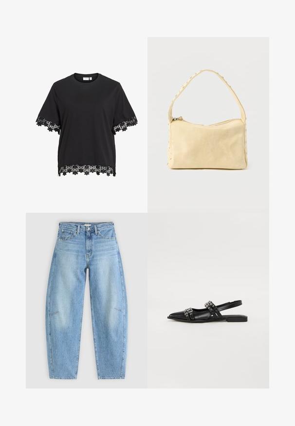 Haut noir à manches courtes avec col rond présentant une bordure en dentelle florale aux manches et à l’ourlet.; Jean en denim bleu clair avec une coupe décontractée, présentant une taille haute, des jambes droites et des coutures discrètes sur les poches avant.; Even&Odd by Zalando Ballerines à brides arrière - black; Petit sac à main en cuir beige avec une seule bandoulière et des clous argentés le long des bords et de la bandoulière, posé sur un fond uni.