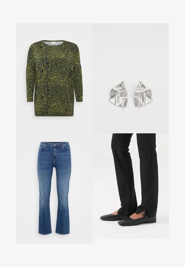 Løveplet top med lange ærmer, grøn baggrund og sorte pletter. Rund halsudskæring og blød stofstruktur med en afslappet pasform.; ONLY Carmakoma Straight fit CARWILLY Mid waist - Jeans Straight Leg - dark blue denim; Ben iført sorte smalle bukser med forreste slidser ved kanten, parret med sorte flade Mary Jane-sko med lille spænde.; Sølvmetal øreringe med et bølgende, skulpturelt design, der har en poleret overflade og uregelmæssige former, hvilket fremhæver en moderne æstetik.