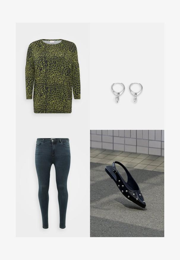 Oberteil mit Leopardenmuster, langen Ärmeln, grünem Hintergrund und schwarzen Flecken. Rundhalsausschnitt und weicher Stoff mit lockerer Passform.; Dunkelblaue Skinny Jeans aus Denim, mit einem klassischen Fünf-Taschen-Design, Druckknopf- und Reißverschluss, sowie einer glatten Textur.; Schwarzer, spitzer Slingback-Schuh mit silbernen Nieten, schwebt über Asphalt vor einem hintergrund aus gefliester Wand.; Silberne Creolen mit einem glatten, abgerundeten Design und einem spitz zulaufenden Anhänger. Die Oberfläche ist glänzend und reflektierend, was eine elegante Schlichtheit betont.