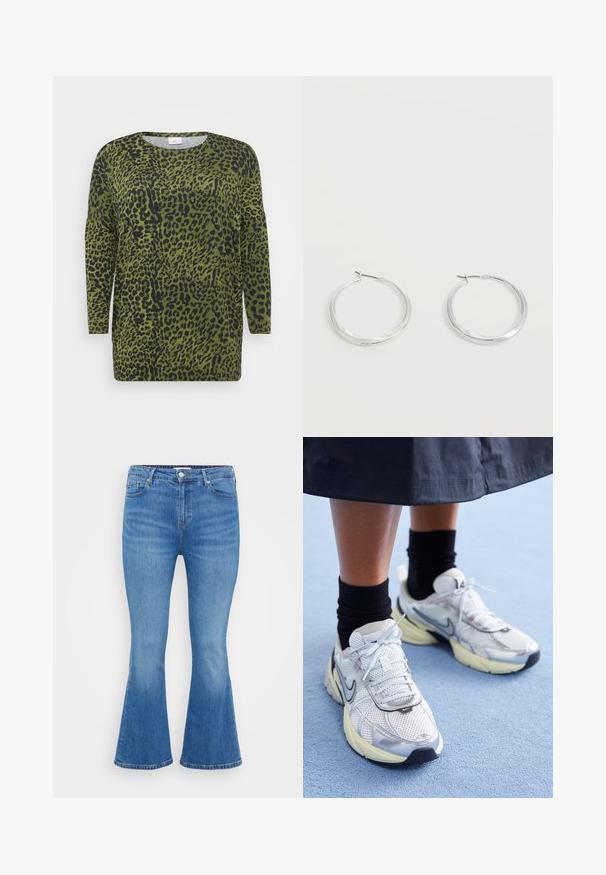 Oberteil mit Leopardenmuster, langen Ärmeln, grünem Hintergrund und schwarzen Flecken. Rundhalsausschnitt und weicher Stoff mit lockerer Passform.; Helles blaues Denim-Jeans in ausgestelltem Schnitt, mit hoher Taille, fünf Taschen und klassischem Knopfverschluss. Glatte Textur mit subtiler Ausbleichung.; Weiße und silberne Nike-Sneaker aus Mesh-Gewebe, mit reflektierenden Akzenten und einer beigen Sohle. Getragen mit schwarzen Socken und stehend auf einer blauen Fläche.; Silberne Metallcreolen mit glatter, leicht gebogener Oberfläche und Klappverschluss vor schlicht weißem Hintergrund.