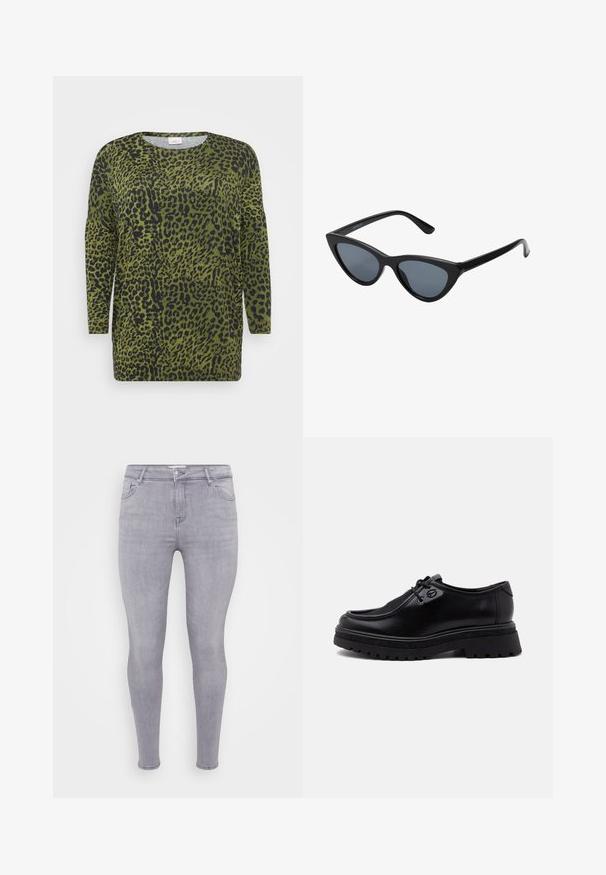 Oberteil mit Leopardenmuster, langen Ärmeln, grünem Hintergrund und schwarzen Flecken. Rundhalsausschnitt und weicher Stoff mit lockerer Passform.; Graue Skinny-Jeans aus Denim, mit klassischem Fünf-Taschen-Design, Reißverschluss und glatter Textur mit leichtem Stretch.; Schwarzer Lederschnürschuh mit dicker, strukturierter Sohle und abgerundeter Spitze, seitlich auf schlichtem hellgrauem Hintergrund gezeigt.; Schwarze Cat-Eye-Sonnenbrille mit dunkelgrauen Gläsern, schlankem Kunststoffrahmen, spitzen Ecken und geraden Bügeln. Keine sichtbaren Befestigungen oder Akzente.