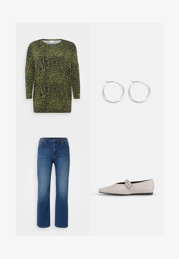 Løveplet top med lange ærmer, grøn baggrund og sorte pletter. Rund halsudskæring og blød stofstruktur med en afslappet pasform.; Mørkeblå denim jeans med lige ben-design, fem lommestil og en knap- og lynlåslukning. Glat tekstur med minimal falming.; Beige læder flad sko med spidse tæer, en sidelukning som accent og en lav sort sål. Glat tekstur og minimalistisk design.; Sølv hoops øreringe har et glat, afrundet design med en slank profil og sikker spænde. Minimalistisk stil med en poleret finish.