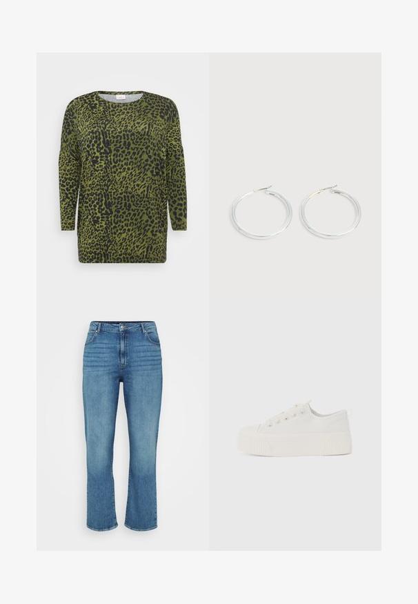 Løveplet top med lange ærmer, grøn baggrund og sorte pletter. Rund halsudskæring og blød stofstruktur med en afslappet pasform.; Lysblå denimjeans med lige ben design, der har fem lommer, bæltestropper og subtil falming foran.; Canvas sneakers i off-white med flade snørebånd, rund tå og en tyk ribbet platformsål for ekstra højde og komfort.; Par skinnende sølvøreringe med tynde trådlåse, vist på en lys grå baggrund.