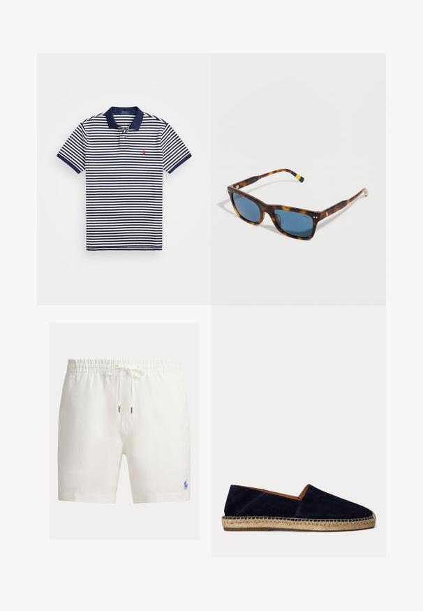 Marineblauwe en witte gestreepte polo met een effen marineblauwe kraag. Bevat een klein rood logo op de borst en korte mouwen met gestreepte manchetten.; Witte linnen korte broek met een elastische tailleband en koord, voorzien van een klein blauw geborduurd logo aan de onderkant van de rechterzijde.; Donkerblauwe suède espadrille met zool van natuurlijk jute touw en gestikte rand, platte instapper met lage hak.; Rechthoekige zonnebril met schildpadmotief, blauw getinte glazen en gele accenten op de uiteinden van de pootjes, merk Polo by Ralph Lauren.